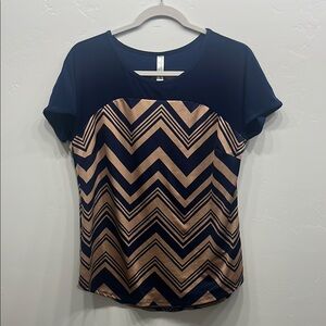 PerSeption Concept Blue and Tan Short Sleeve Blouse